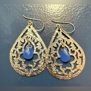 Silver Filigree Chandelier Earrings with blue accent